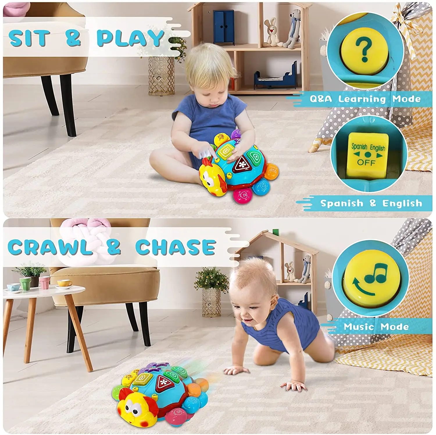 HISTOYE Spanish English Baby Toys with Light Music Crawling Bilingual Toys Early Education Musical Moving Toy Boys Girls Gift