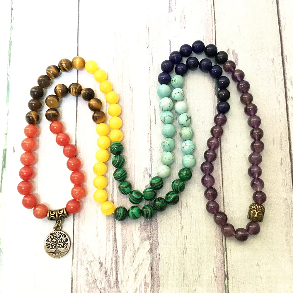 MG0596 Women`s Chakra 108 Mala Yoga Bracelet Bronze Tree of Life Charm Natural Gem Stone Bracelet HIgh Quality Yogi Jewelry