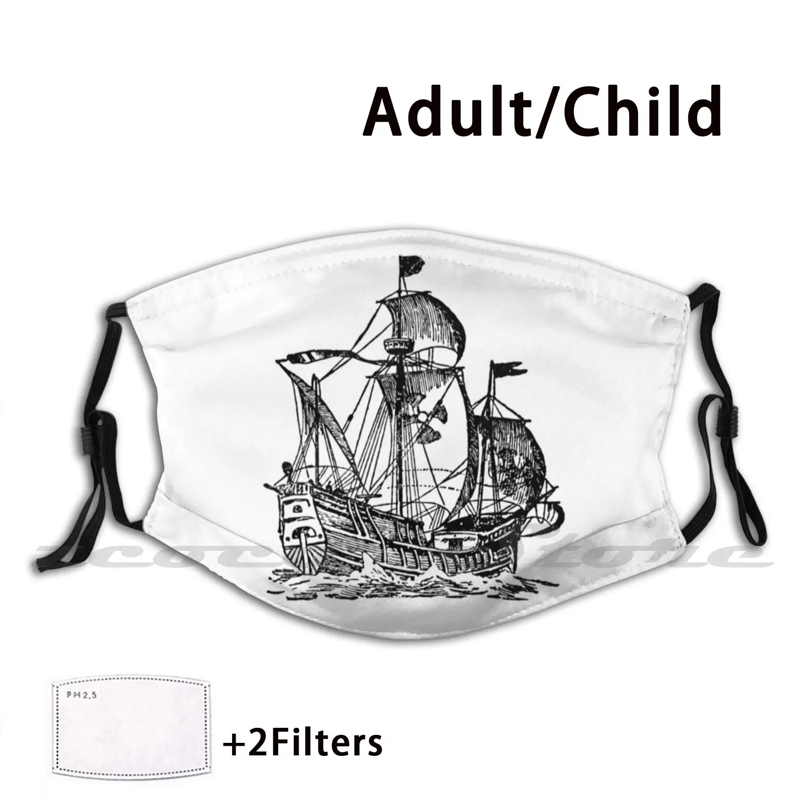 Galleon Engraving Custom Pattern Washable Filter Pm2.5 Adult Kids Mask Galleon Ship Boat Battle War Medieval History Historical