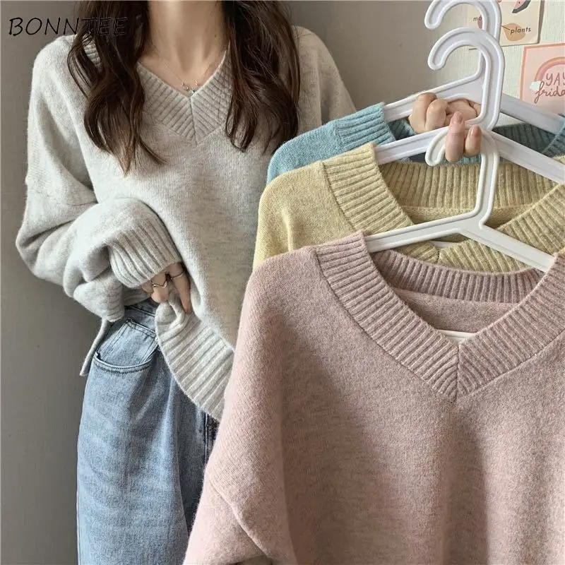 Pullovers Women Daily BF Female Sweater V-Neck Sweet Classic Pure Simple Basic Ulzzang College Knitted Long Sleeve Soft Hot Sale