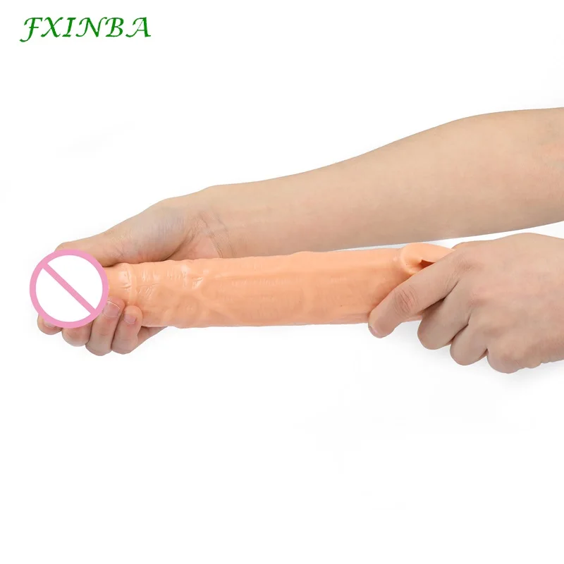 FXINBA 21cm Realistic Penis Sleeve Extender Large Reusable Penis Condom Delay Silicone Extension Sex Toy for Men Cock Enlarger