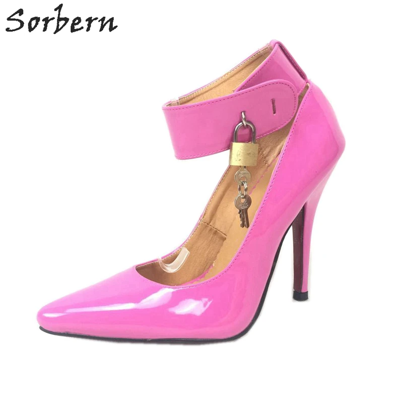 Sorbern Sexy Bdsm Women Pumps High Heels Ankle Straps Lock Keys Pole Dance Party Shoes Night Club Footwear Pump Heels Size 12