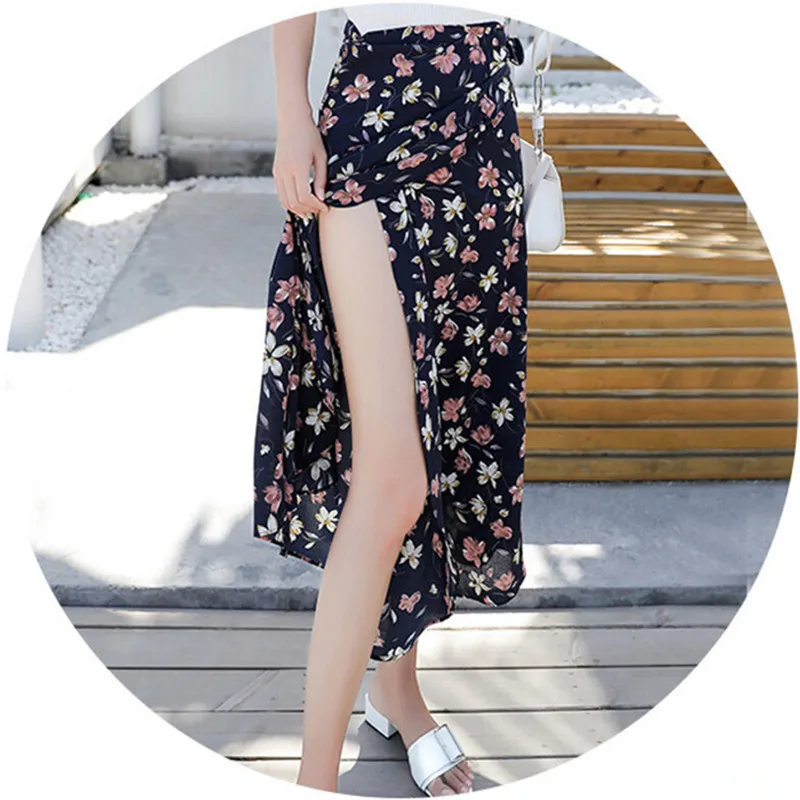 Women Summer Casual Boho Beach Chiffon Skirt High Waist Long Floral Wrap Skirt