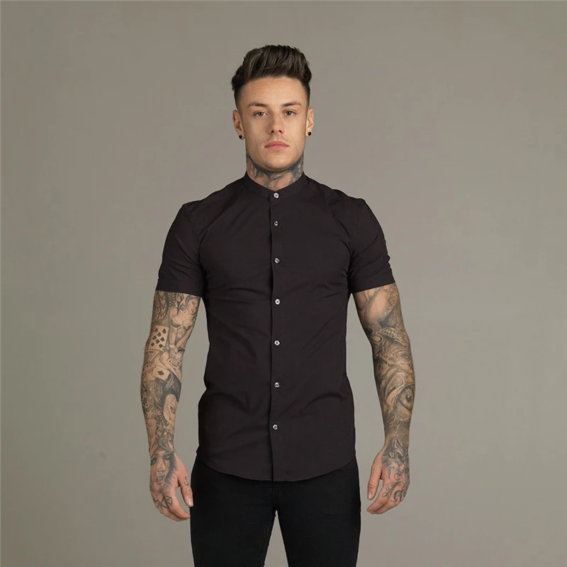 Summer Fashion Short Sleeve Shirt Men Slim Fit Social Business Stand Collar Dress Shirt Brand Mens Fitness Sports Gym Clothing