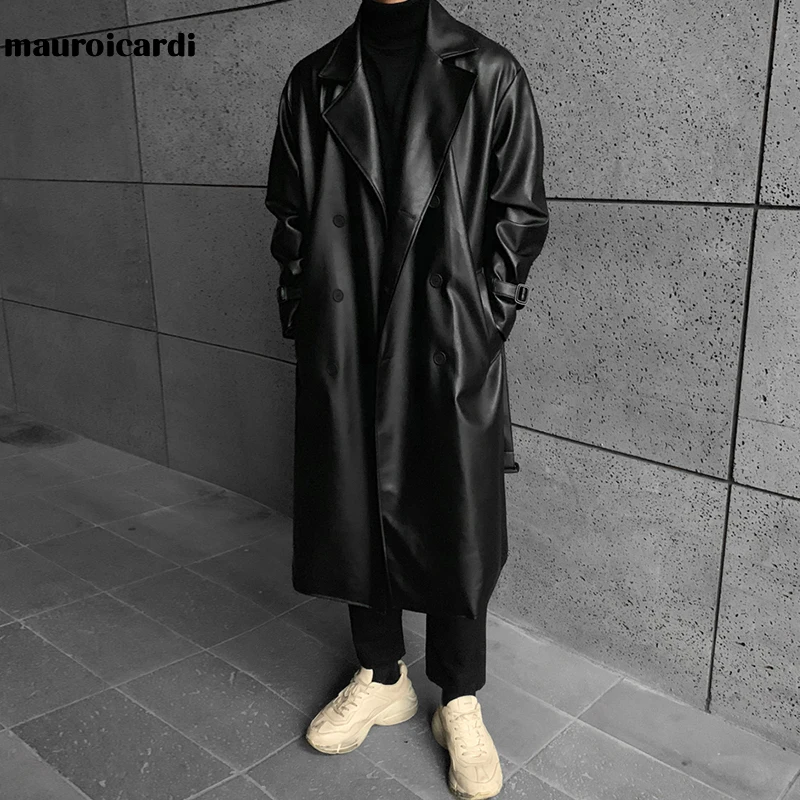 

Mauroicardi Spring Autumn Long Black Oversized Faux Leather Trench Coat Men 2022 Drop Shoulder Belt Faux Leather Coats for Men