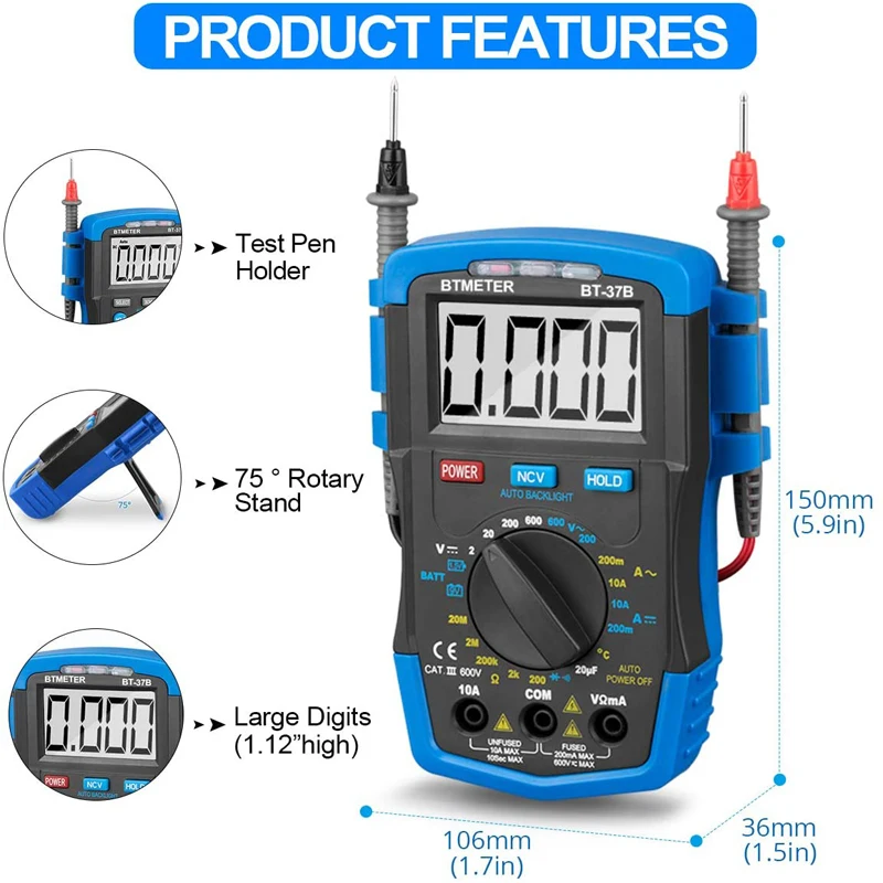 BTMETER BT-37B Digital Multimeter Volt Ohm Amp Capacitor Diode Battery and Temp test (-4～1832℉) Meter Tester