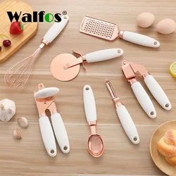 Walfos-Juego de utensilios de cocina con revestimiento de cobre, utensilios de acero inoxidable con tacto suave, prensa de ajo de oro rosa, cortador de Pizza, 7 Uds.