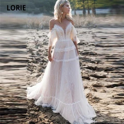 LORIE Bohemian Wedding Dresses Off Shoulder A Line Lace Applique Boho Wedding Gowns Lacing Plus Size Beach Bridal GownCustomized
