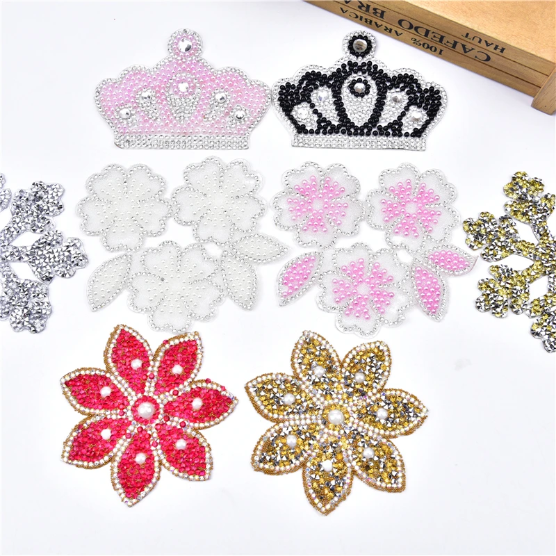 Pearl Rhinestone Patches Diy Flower Crown Heat Transfers Iron Motifs For Clothing Sticker Applique Diamond Apparel Accessories