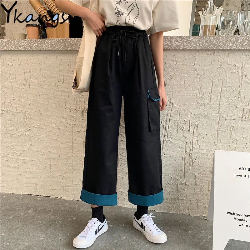 

Baggy Pants Black Wide Leg Pants Women Elastic High Waist Casual Loose Straight Hip Hop Unisex Spliced Streetwear Joggers Women