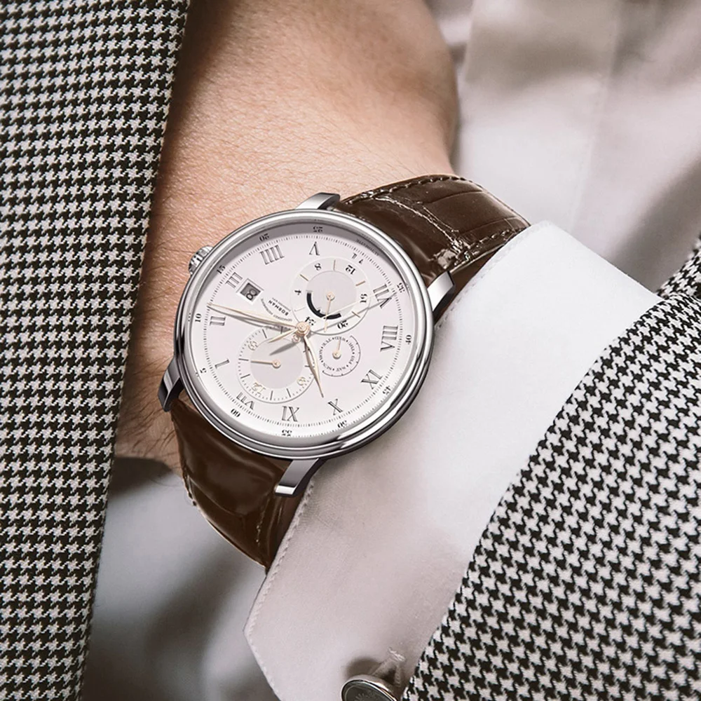 ساعات رسمية للرجال، ساعة يد أوتوماتيكية للرجال من بورمان ساعة يد ميكانيكية فاخرة للرجال مقاومة للماء بحزام جلدي سويسرا