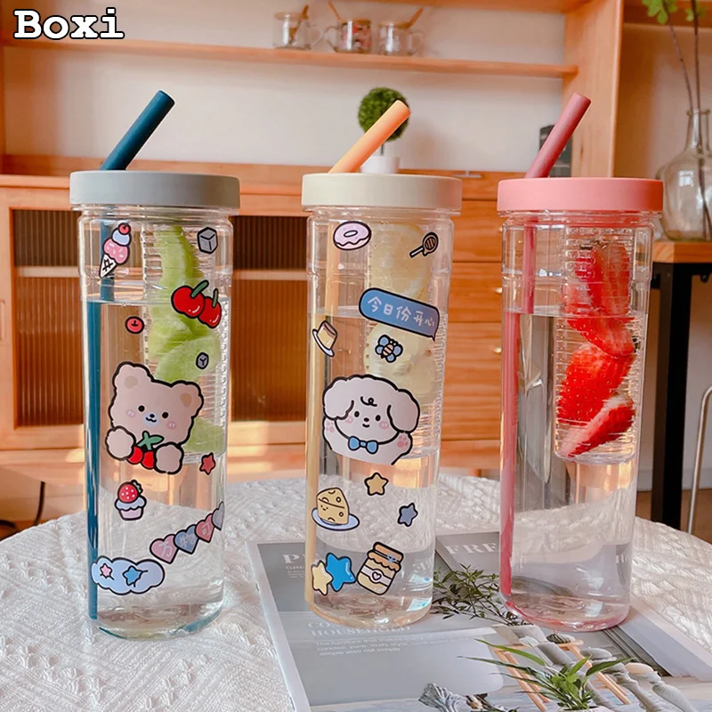 700ML Cute Clear Plastic Water Bottle For Girls With Straw Tea Strainer Stickers Summer Large Capacity Bubble Juice Drink Cup