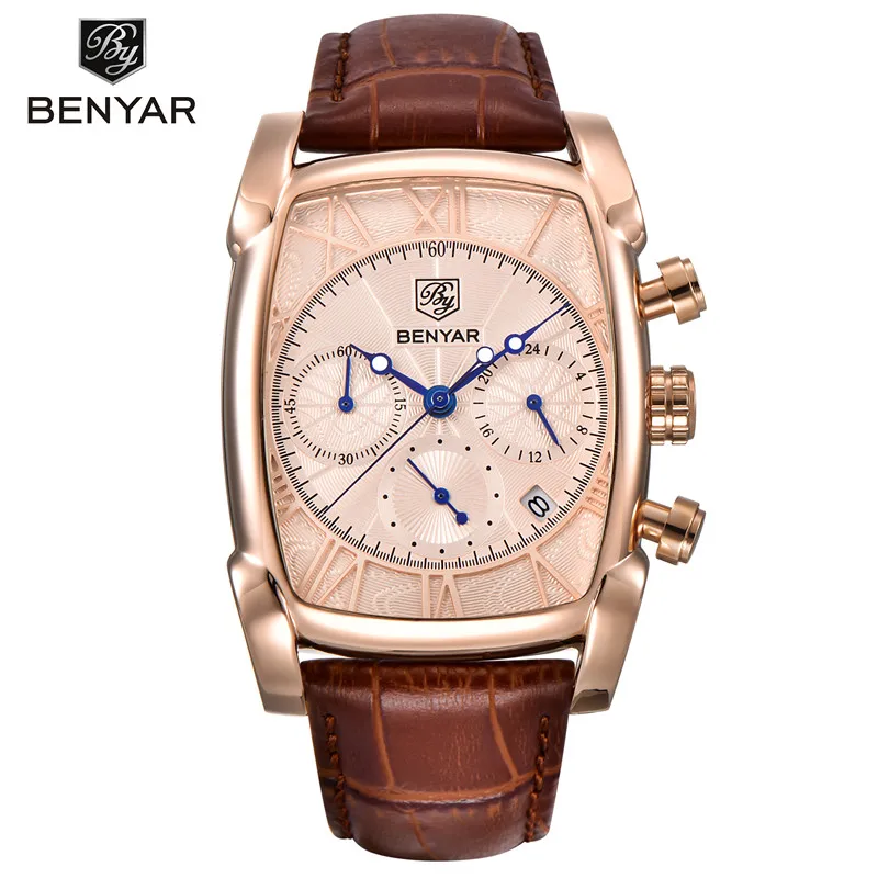 BENYAR New Fashion Mens WristWatches Top Brand Luxury Big Dial Military Quartz Clock Leather Waterproof Sport Chronograph Male