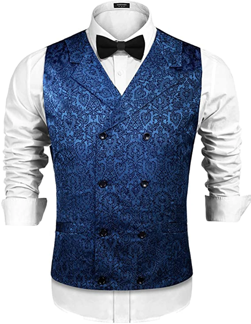 ผู้ชาย Damask ดอกไม้คู่ Breasted Vest Lapel Victorian Era เสื้อกั๊ก Steampunk Slim Vest