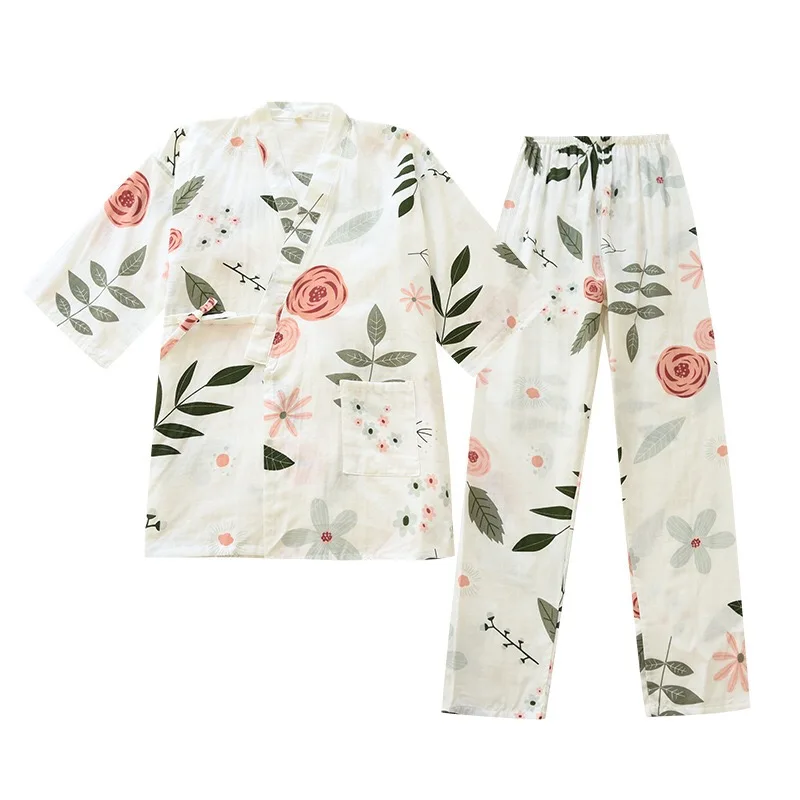 Rose Printed Ladies Kimono Style Pajamas Set Loose Thin V-Neck Three-Quarter Sleeves Gauze Cotton 2Pcs Sleepwear Loose Homewear