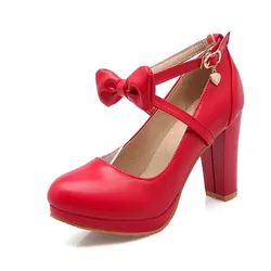 Girls Shoes Spring Woman Mary Jane Pumps Sweet Bow Knot Pumps Square High Heels Buckle Casual Shoes Plus Size 34-43 Wedding Shoe