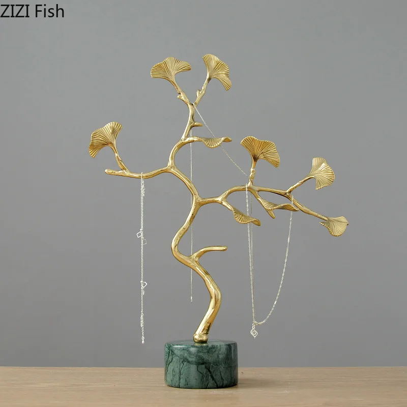 Metal crafts ornaments Simulation tree Ginkgo biloba Golden branches brass Marble base Accessories storage Home Decoration