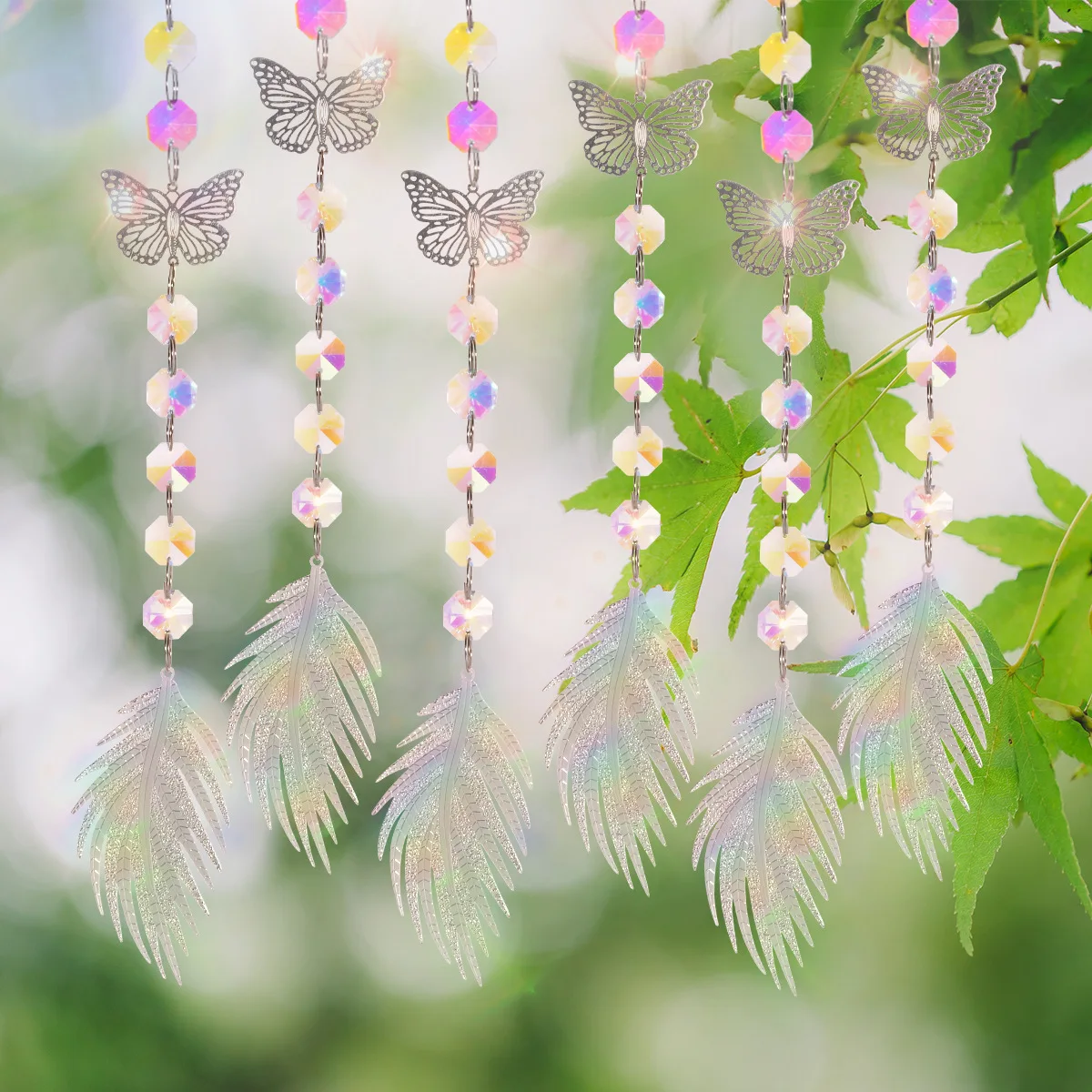 Butterfly Crystal Pendant, Octagonal Bead, Hanging Ornaments, DIY Crystal, Sun Catcher, Home Room, Feather, Outdoor Decoration