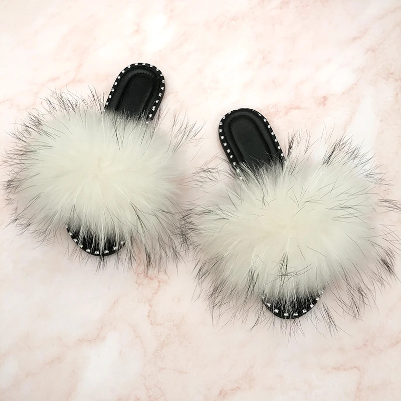 Fluffy Slippers Rivet Jelly Sandals Fur Flip Flops Ladies Indoor Luxury Shoes Women 2024 Sandals Wholesale Real Fur Slides