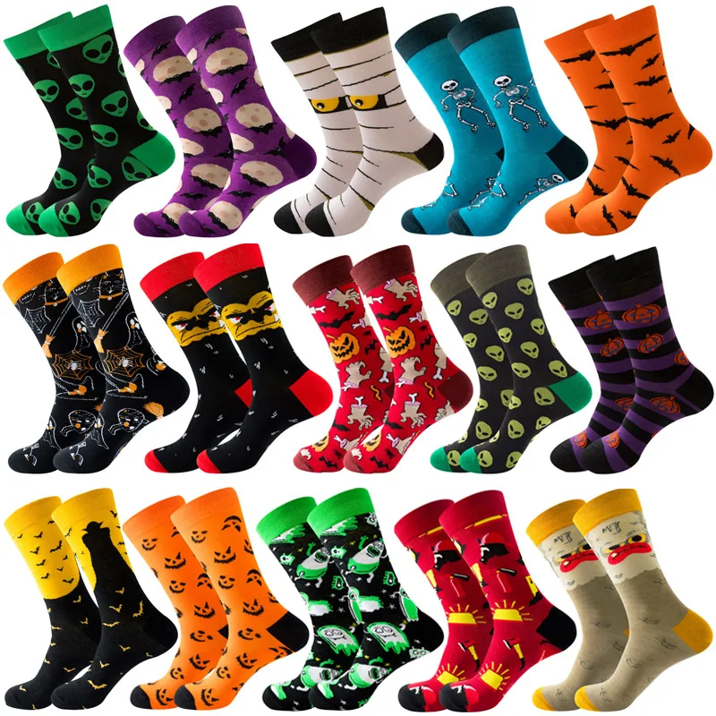 New Colorful Men's Autumn And Winter Socks Halloween Skull Alien Women's Long Socks Pumpkin Monster Bats Hombre Business Dress