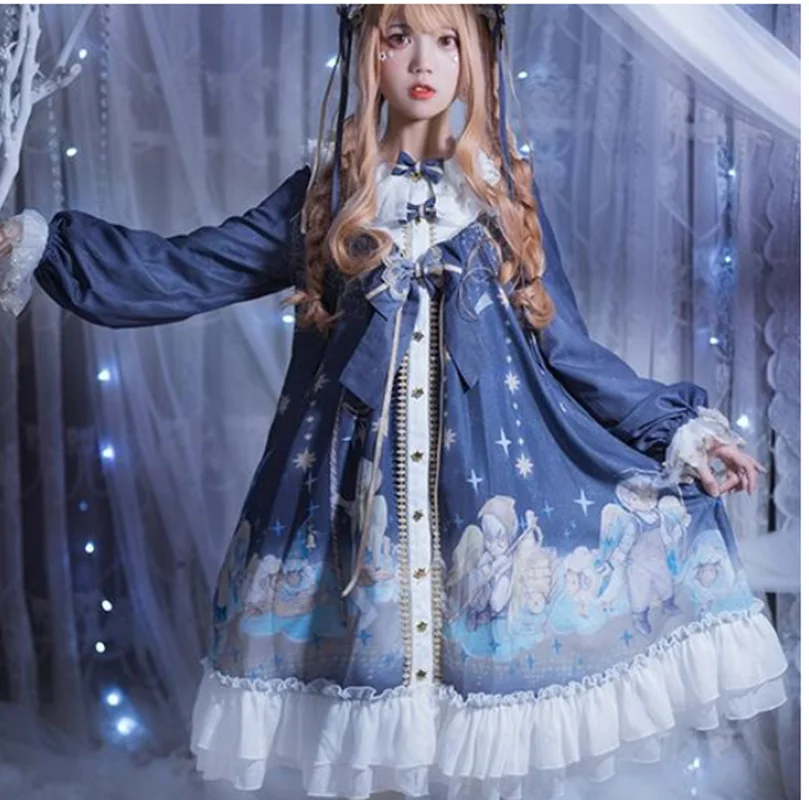 Japanische süße lolita kleid retro spitze bowknot oansatz nette druck hohe taille viktorianischen kleid kawaii mädchen gothic lolita op cos