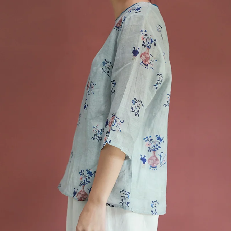 Spring Loose Large Size Literary Shirt Ramie T-shirt Panelled Color O-Neck Skirt Women's Clothing 2021 Tops