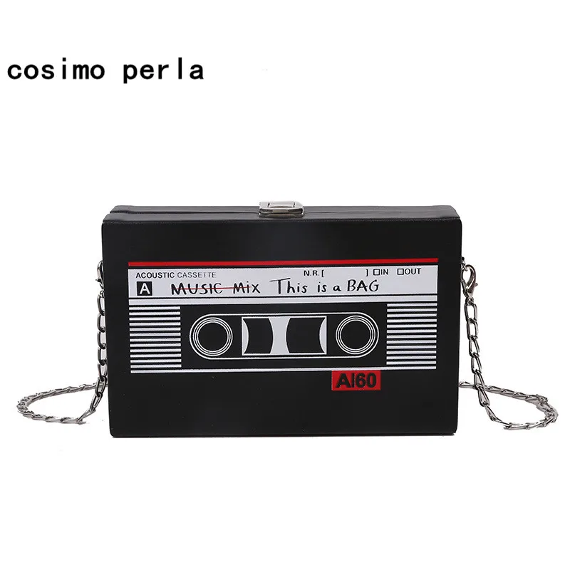 Black White Cassette Tape Flap Crossbody Bags for Women Mini Fashion Chains Small Pouch Purses PU Leather Radio Box Handbags