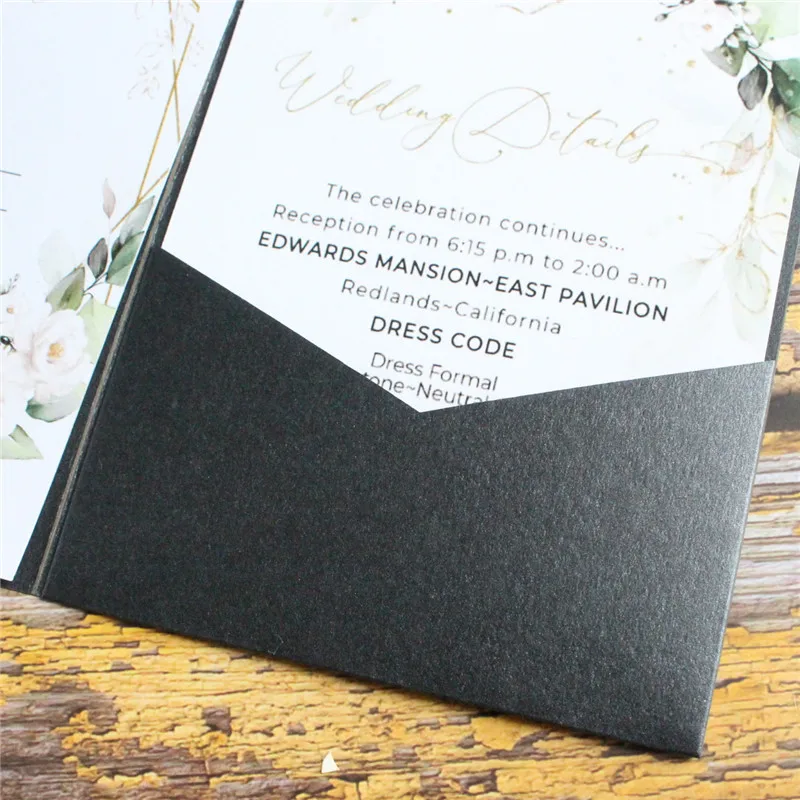 Black Wedding Invitation Card Tri-Fold Pocket Shimmer Country Party Invites Personalized Design Multi Colors