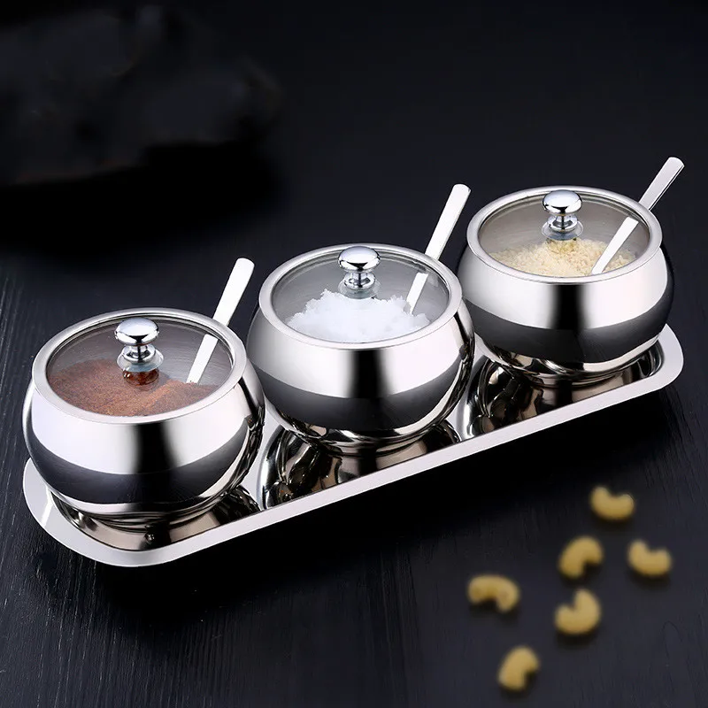 Kitchen Stainless Steel Sugar Bowl With Lid And Spoon Portable Sugar Box Container Cooking  Seasoning Jar Storage Bottle WY72009