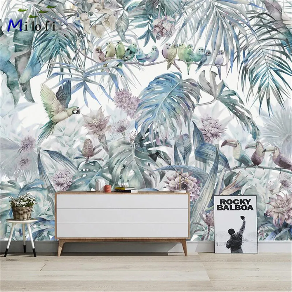 Milofi Nordic Wallpaper Tropical Rainforest Flowers and Birds Green Plants Living Room TV Background Wall Paper Mural