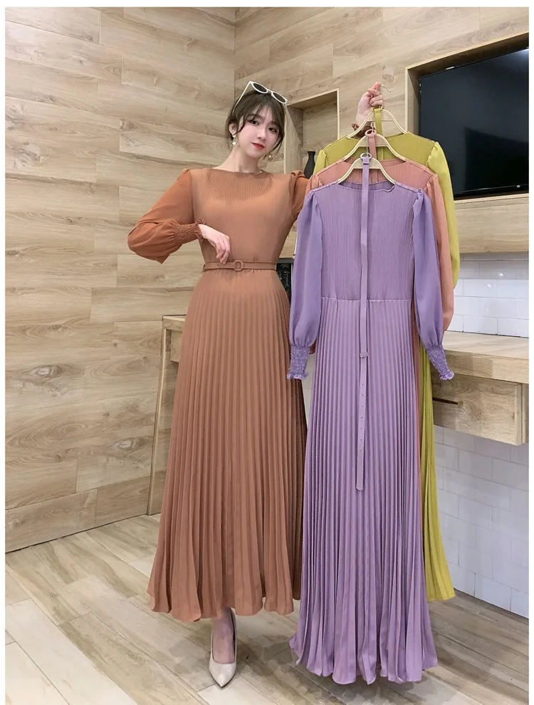 2022 Spring Elegant Women Pleated Party Dress with Belt Slim Waist Full Long Dress Bodycon Pleated Maxi Dress Wedding Vestidos