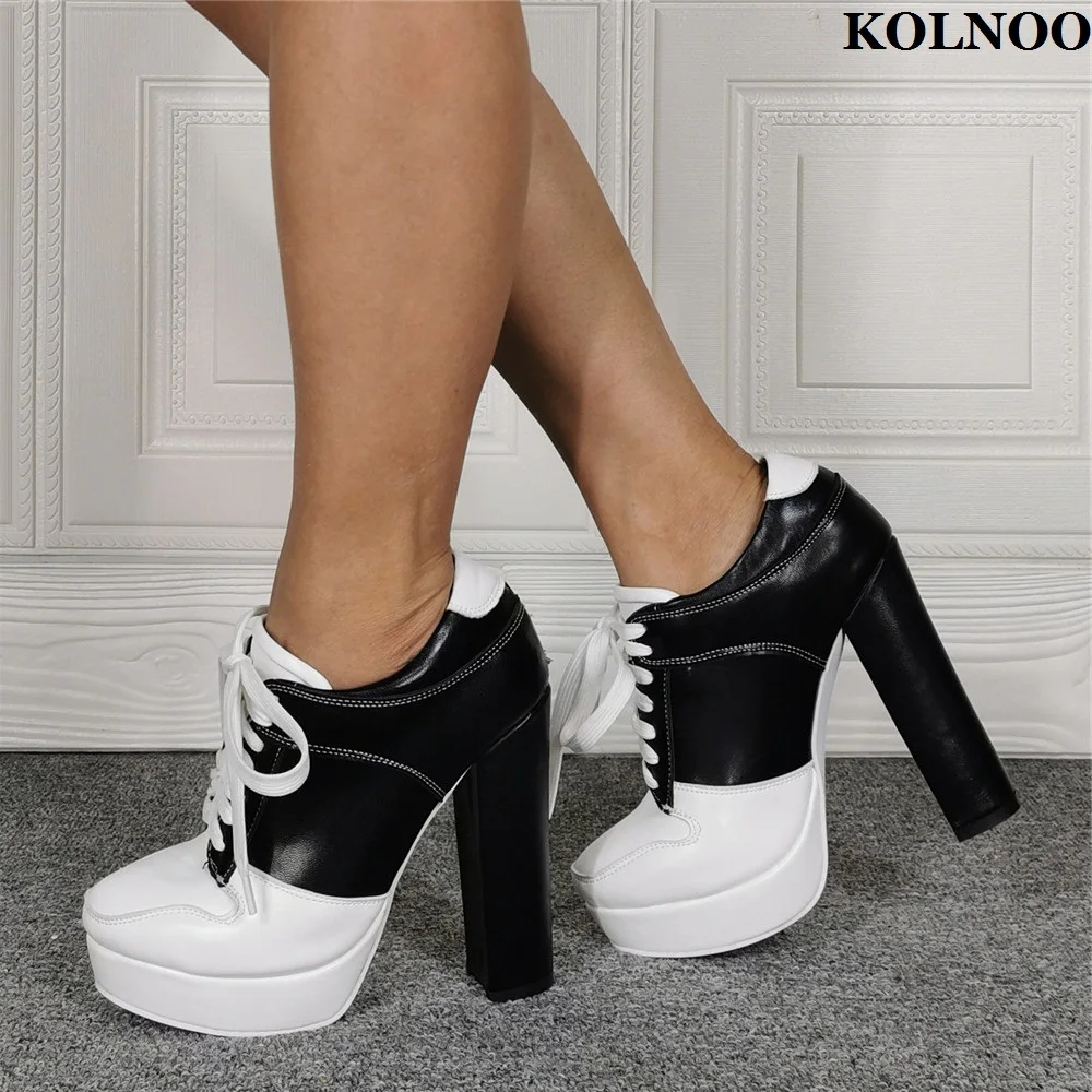 Kolnoo Handmade New Women Chunky Heel Boots Patchwork Real Photo Platform Cross Shoelace Ankle Booties Sport-Style Fashion Shoes