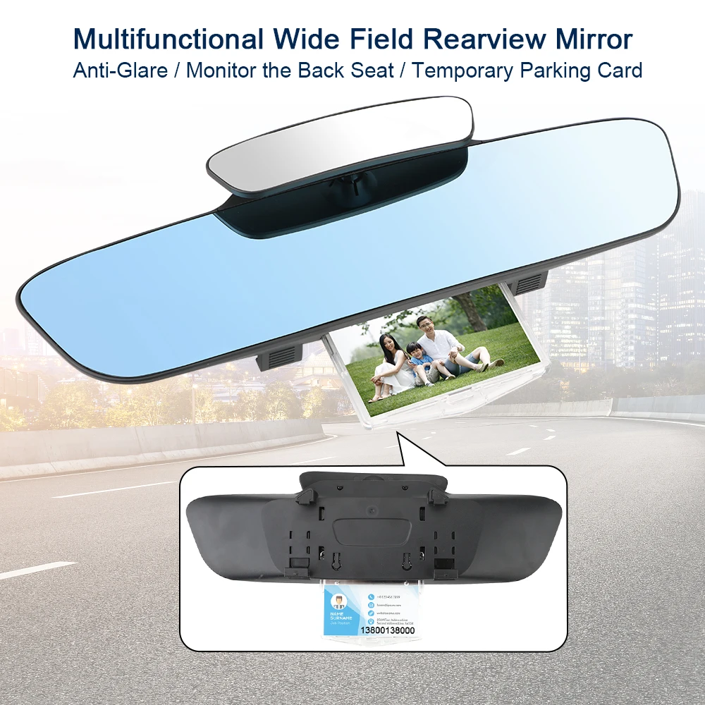 Car Rear Rearview Mirror Rear View Stop Sign Photo Frame Anti Dazzle Auxiliary Double Lens Multifunctional Blue Mirror