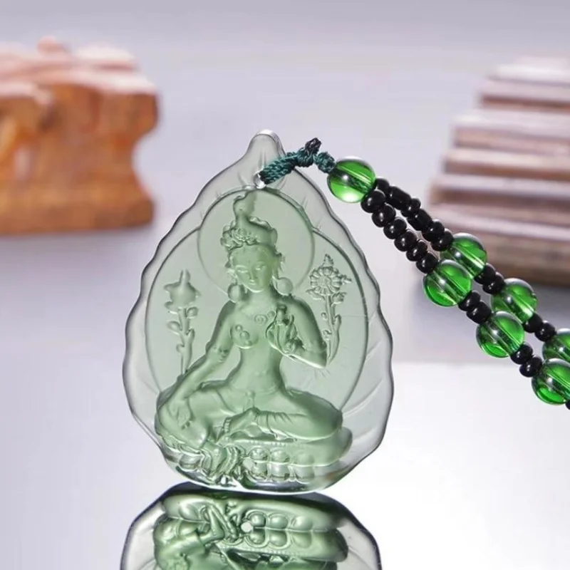 Liuli Crystal Buddha Green Tara Pendant Amulet Buddha Charms Tibetan Buddhism Religion Amulet Pendant Crystal Beads Necklace