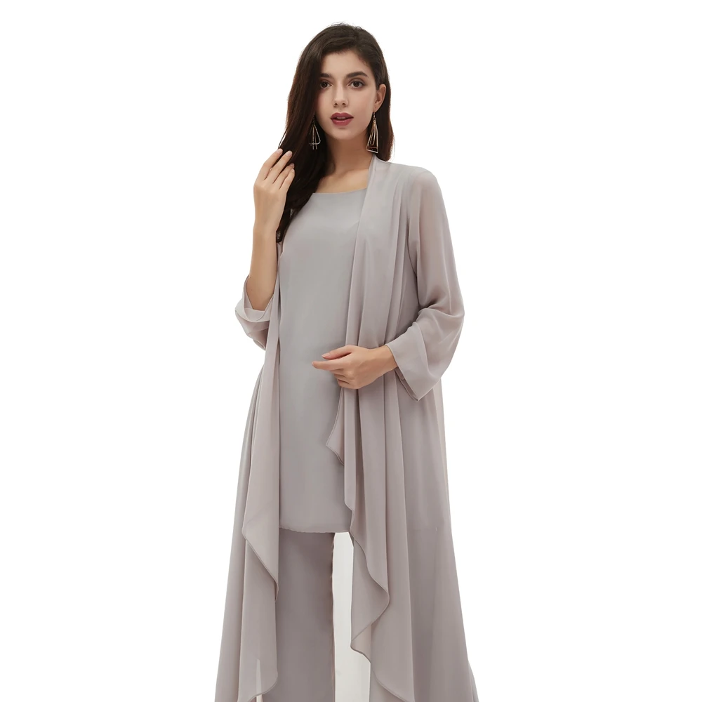 2022 Gray Women's 3 pieces Ruffles Chiffon Mother of The Bride Dress pants suit Long Sleeve With Jacket Outfit For Wedding Groom