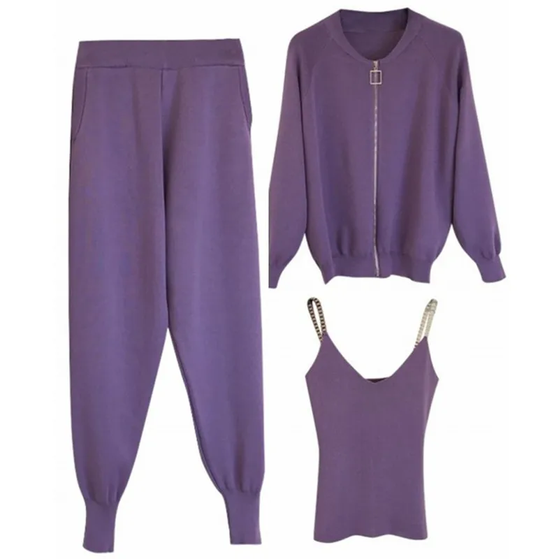 3 piece set women knitted set Zipper cardigan jacket+pencil pant+camisole matching sets Purple black khaki outfits for women