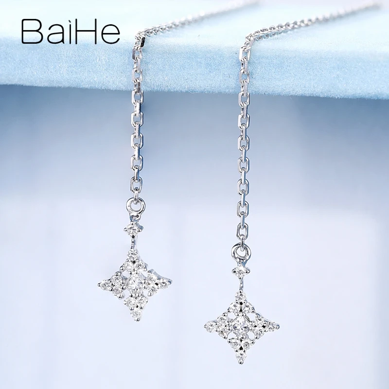 BAIHE Solid 18K White Gold Natural Diamond Star Ear line Earrings Women Wedding Trendy Fine Jewelry boucle d’oreille серьги