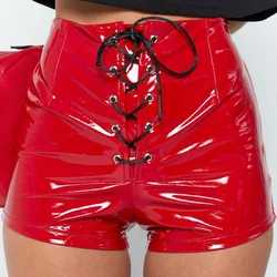 Faux PVC Leather Shorts Women Hotpants Lace Up Red Black High Waist Shorts Female Sexy Bandage Mini Women Shorts Buttoms