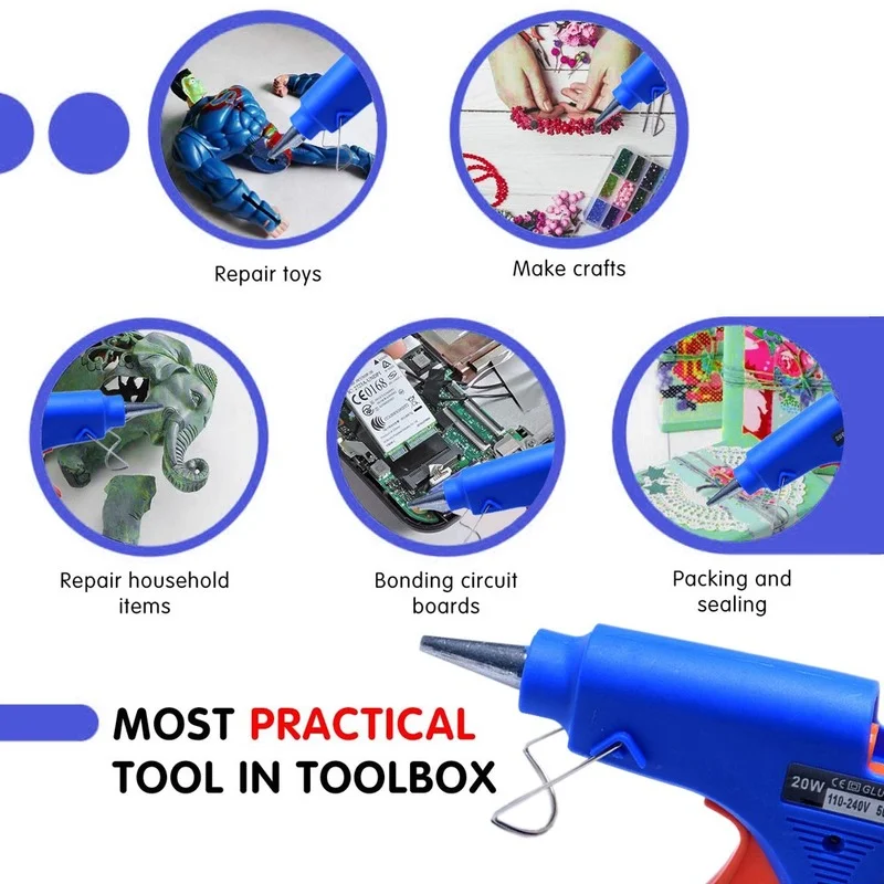 Pistola de Pegamento Termofusible con Barras, Minipistola Industrial, Herramienta de Reparación Eléctrica Térmica, Calor y Temperatura, 20 W,