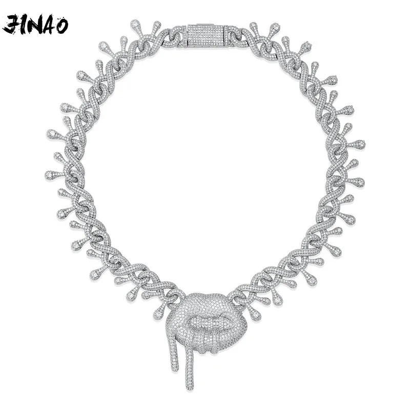 JINAO 2020 NEW HIP HOP AAA+CZ High Quality Miami Cuban Chain Iced Lip shape Necklace Men and Women Jewelry For Gift