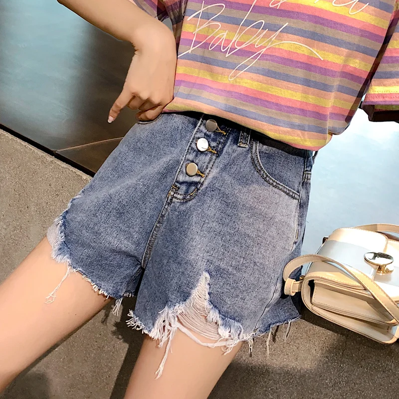 

High Waist Breasted Sexy Pierced Jeans Shorts Girl Rough Edge 2024 Summer New A-line Leg Wide Hot Pants Booty Shorts