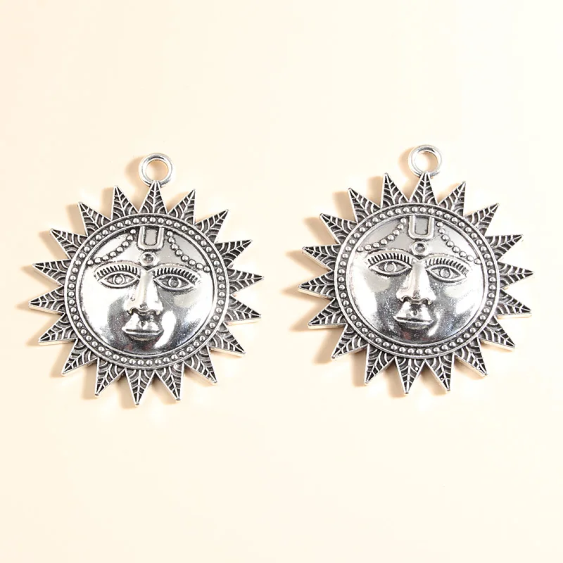 3pcs Silver Color 60x53mm Large Sun With Face Charms Connector Pendant Fit DIY Jewelry Making Handcrafted Accessories