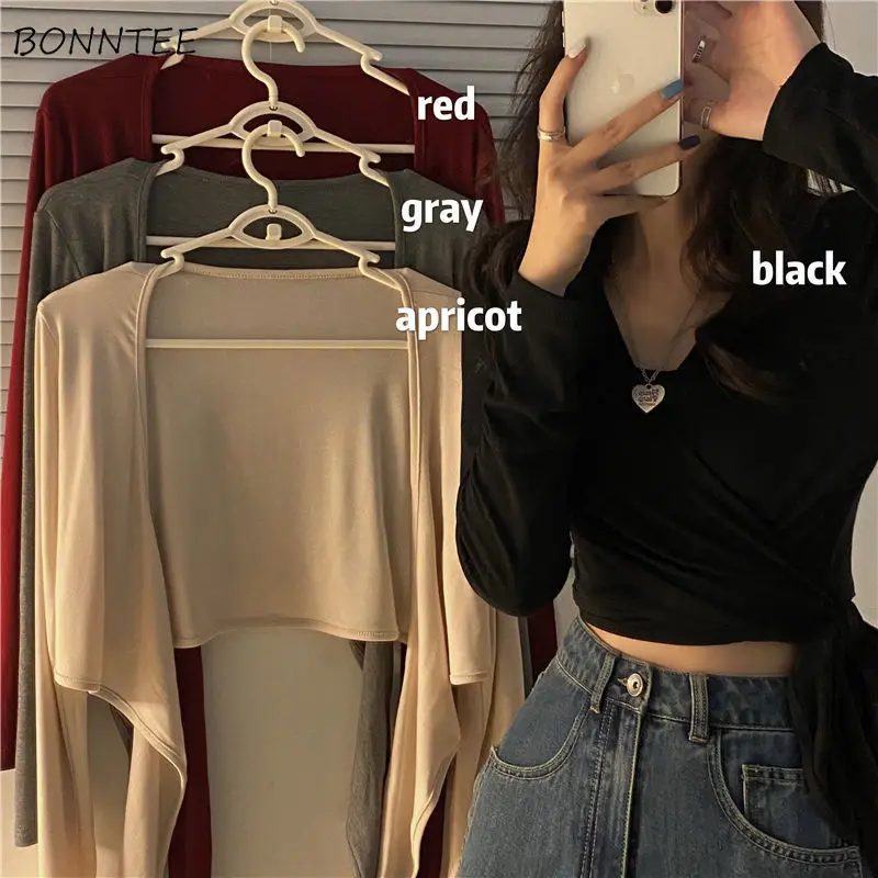 Long Sleeve T-shirts Women V-neck Slim Sexy Solid All Match Summer Sun Proof Fashion Korean Style Cropped College Tops Daily Ins