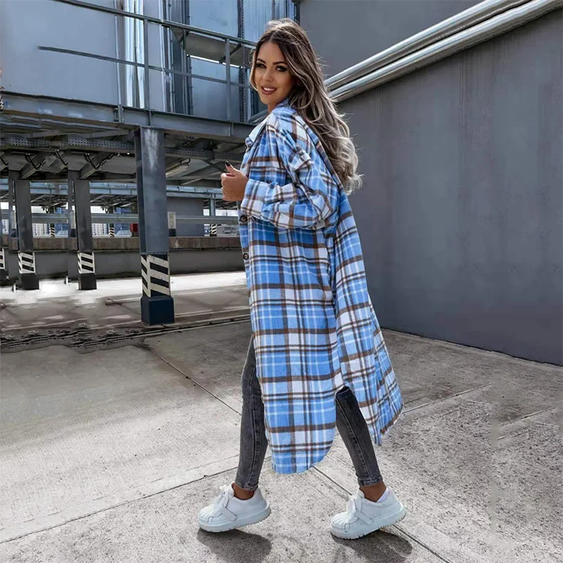 Autumn Plaid Jacket Women European American Overshirt Long Checkered Shirt Jacket Fashion Single-Breasted Plaid Shirt Cardigan