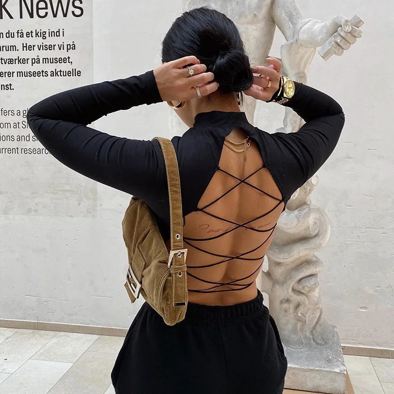 2021 Women Sexy Harajuku Open Back T-shirt Long Sleeve Top Cropped Summer Tops Tee Black Strap Clothes T Shirt Vintage Tshirt