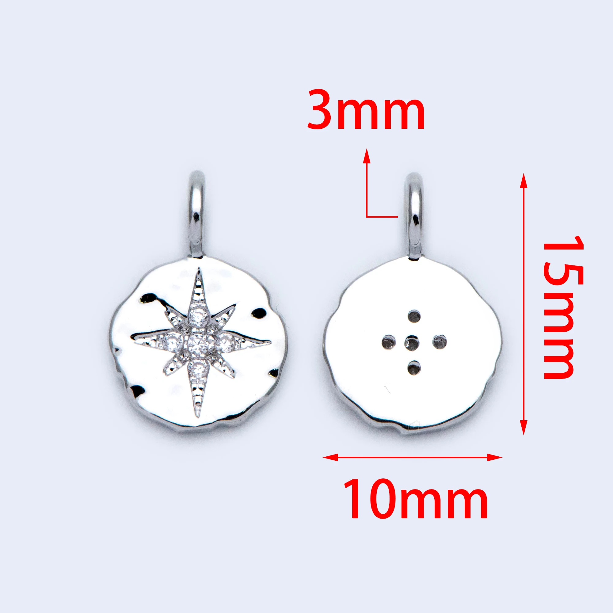 10pcs Rhodium plated Brass North Star Charms 15x10mm, Hammered Round Disc Pendants, CZ Paved Star Pattern For DIY Jewelry Making