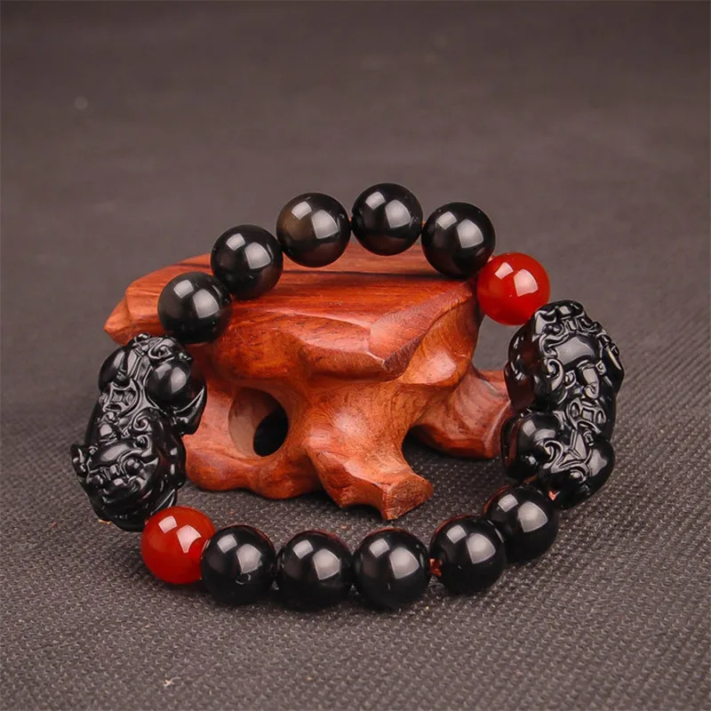 

Black Obsidian Beads Bracelet Natural Stone PiXiu Red Agate Feng Shui Bracelet For Men Women Unisex Wealth Charm Handmade Jewely