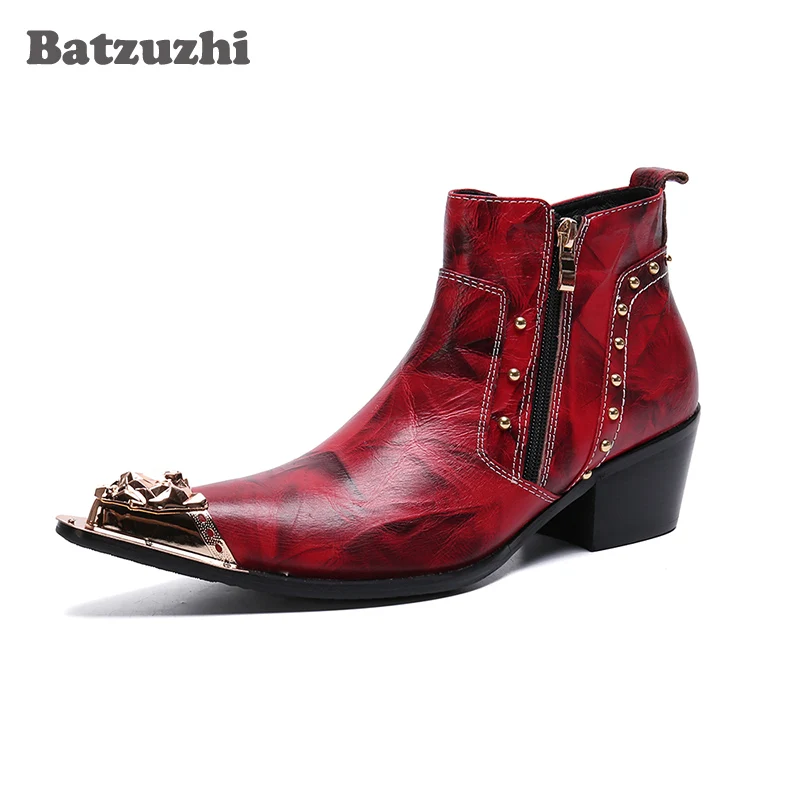 

Batzuzhi Genuine Leather Ankle Boots Men British Style Men Shoes Pointed Metal Toe Red Party and Wedding Boot Men Retro, US6-12