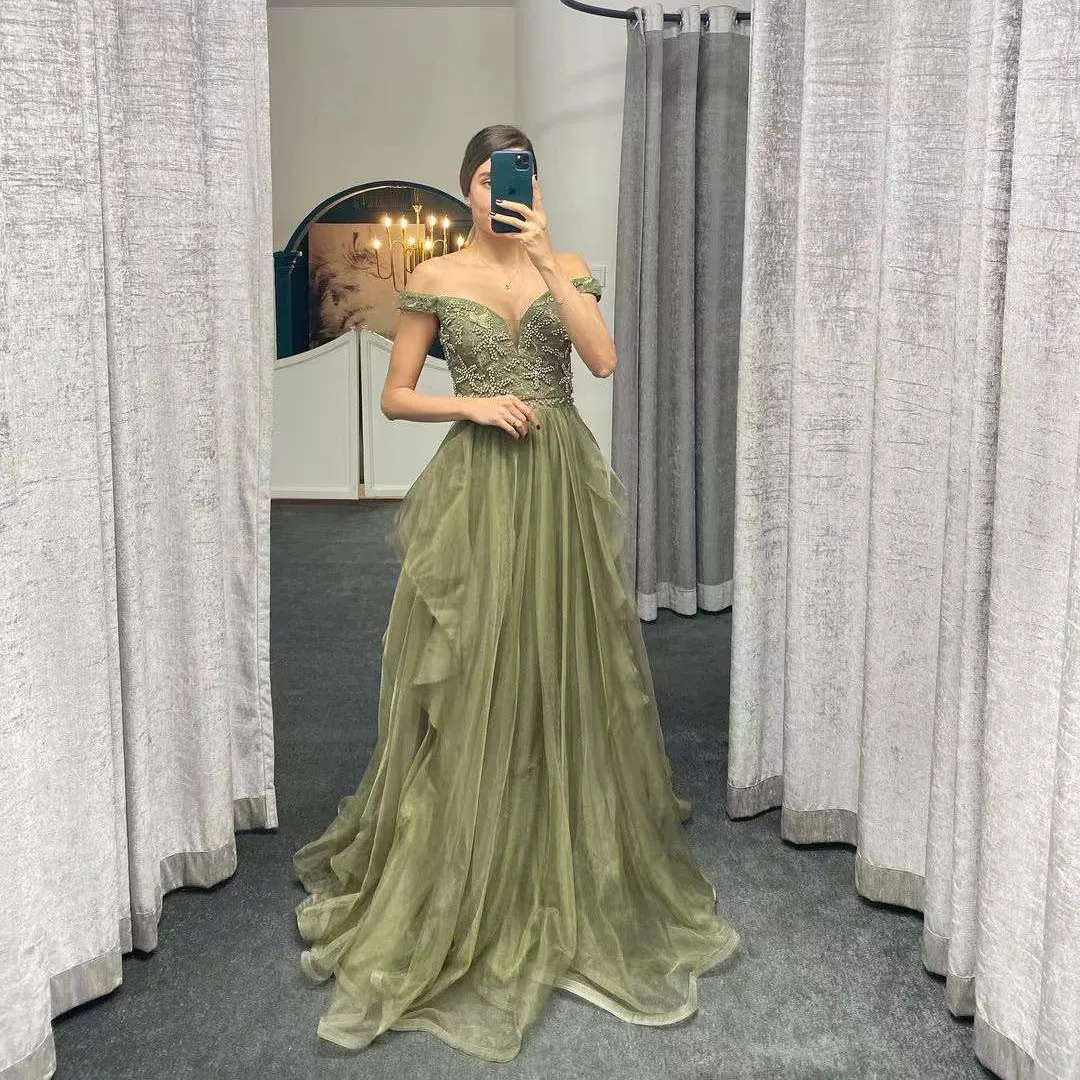 

Green Elegant New Evening Dress Beading Sweetheart Short Sleeve Tulle Long Formal Prom Dresses Lace Party Gowns Robes De Soirée