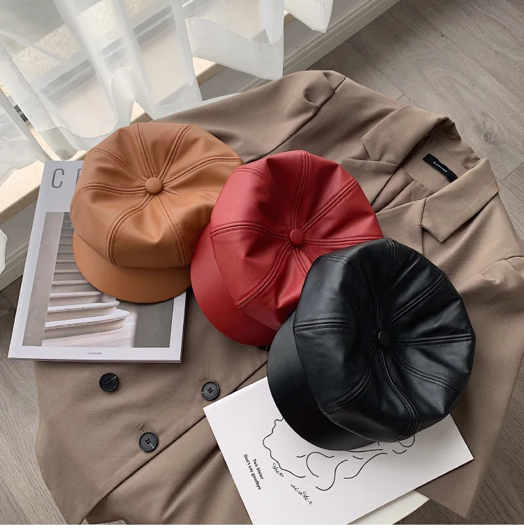 Women Leather Casual  Cap Black PU Leather Female Vintage Octagonal Cap Spring Winter Beret Ladies Flat Hat